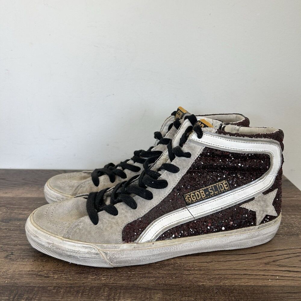 Golden Goose Slide Womens EU 40 US 10 High Top Sneakers Burgundy Glitter Suede